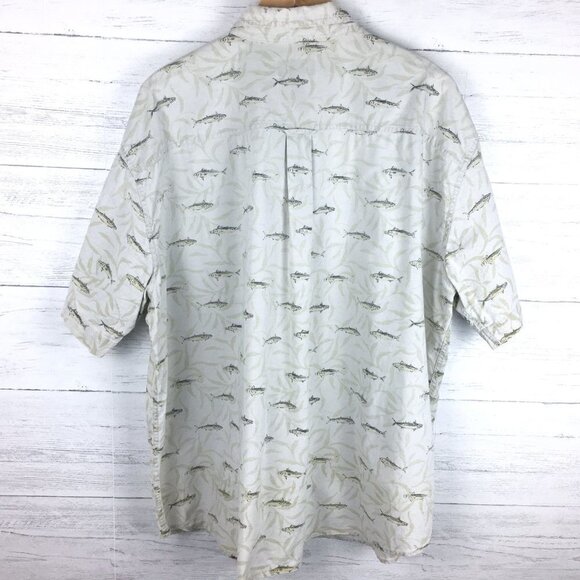 Woolrich Men's Camp Shirt Tan Fish Print Button Front Short Sleeves Casual XL - Picture 2 of 9